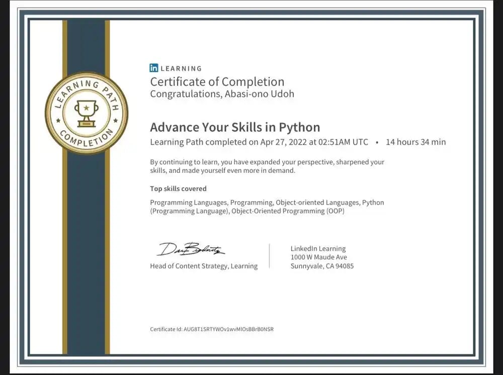 Udoh Abasi's LinedIn Python Certificate