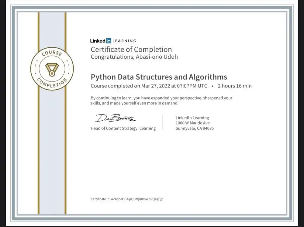 Udoh Abasi's LinkedIn data structures and algorithm Certificate