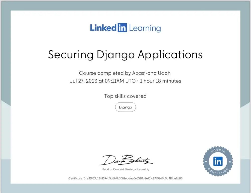 Udoh Abasi's LinkedIn Django Certificate