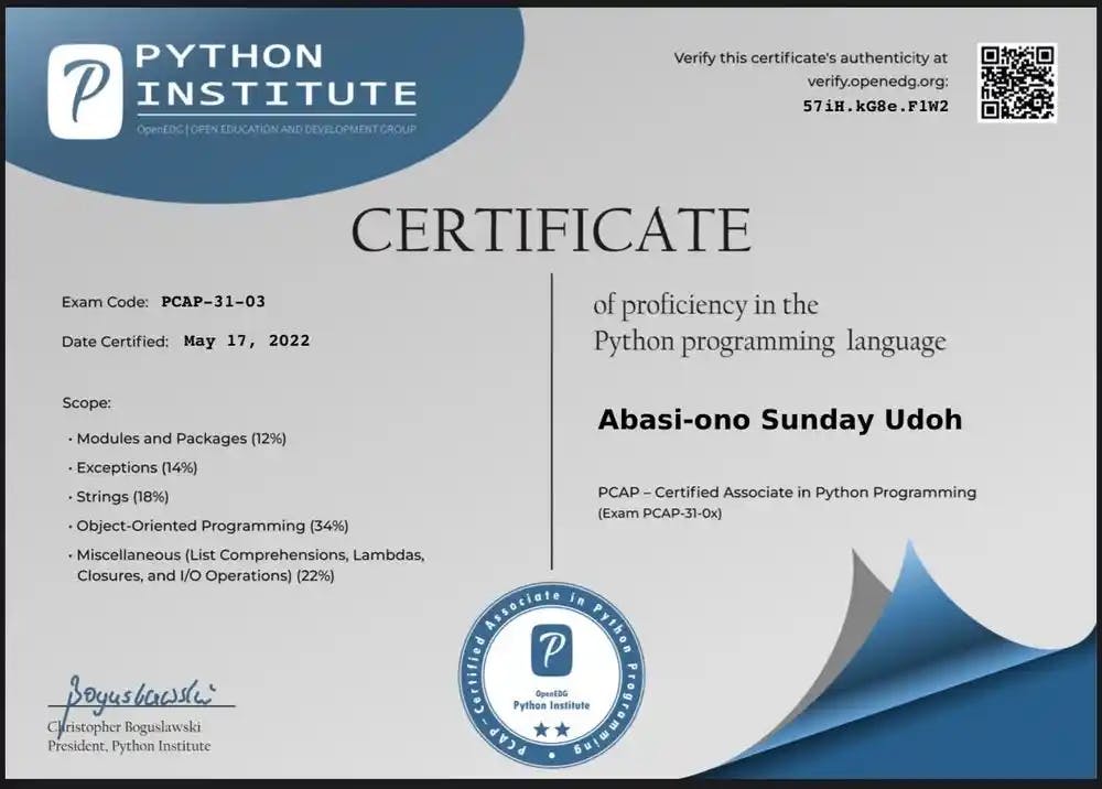 Udoh Abasi's PCAP Certificate