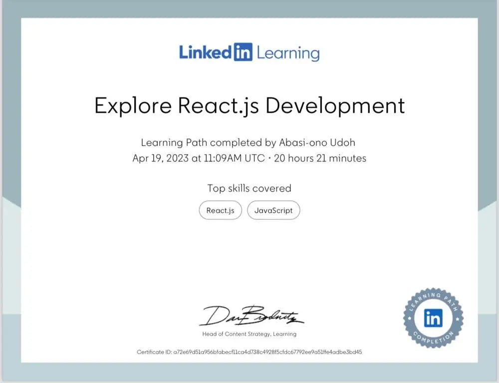 Udoh Abasi's LinkedIn React Certificate